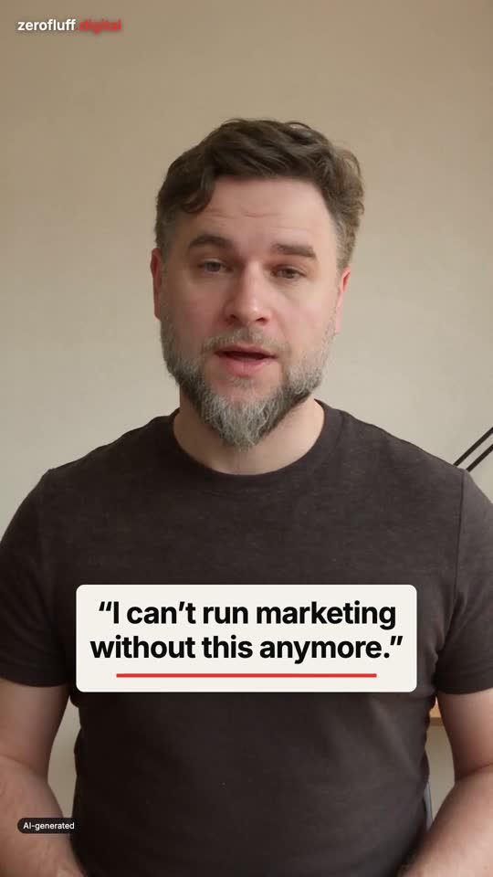 AI-generated presenter with the quote: I cannot run marketing without this anymore.